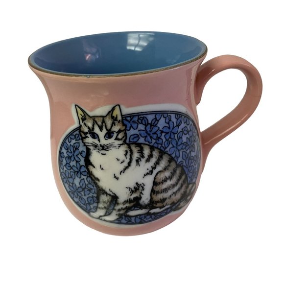 Collectible Coffee Cup Mug Cat Sitting Pink Blue Floral 4" x 3" - Picture 1 of 6
